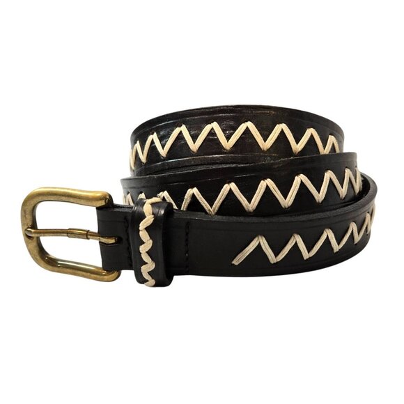 Black Leather Belt ZigZag Beige Cord 41" Center Notch Boho Western Casual Unisex - Picture 1 of 16